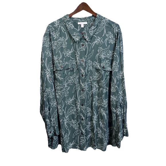 Woman Within Floral Button Down Blouse Top Size 5X GreenLightweight Flowy Office - Picture 1 of 13